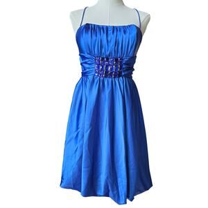 Jessica McClintock Y2K Fairy Babydoll Rhinestone Royal Blue Satin Bubble Dress 8